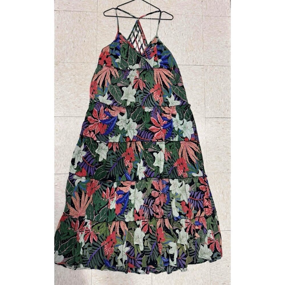 NWT Angie Womens Multicolor Floral Tiered V-Neck Sleeveless Maxi Dress Size M